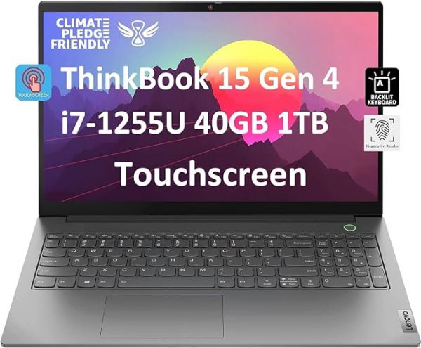 Lenovo ThinkBook 15 Gen 4 Business Laptop (15.6" IPS FHD Touchscreen, Intel 10-Core i7-1255U, 40GB RAM, 1TB SSD)